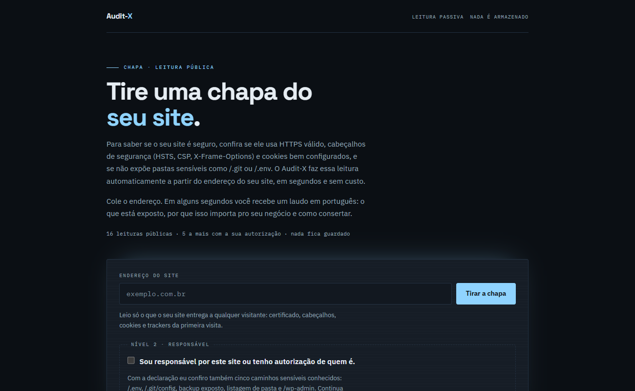 Audit-X — laudo de segurança e LGPD de um site em português