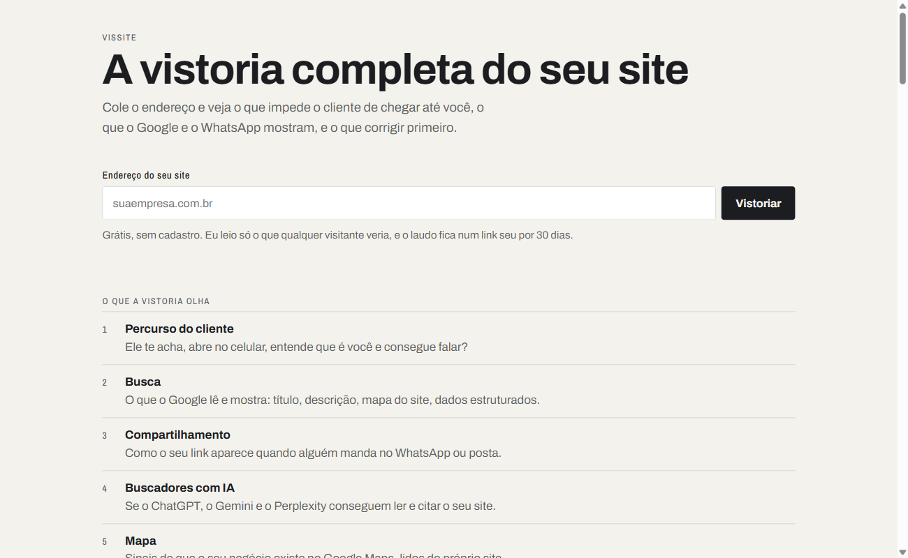 VisSite — a vistoria completa do seu site: laudo com o que corrigir primeiro, em seis módulos